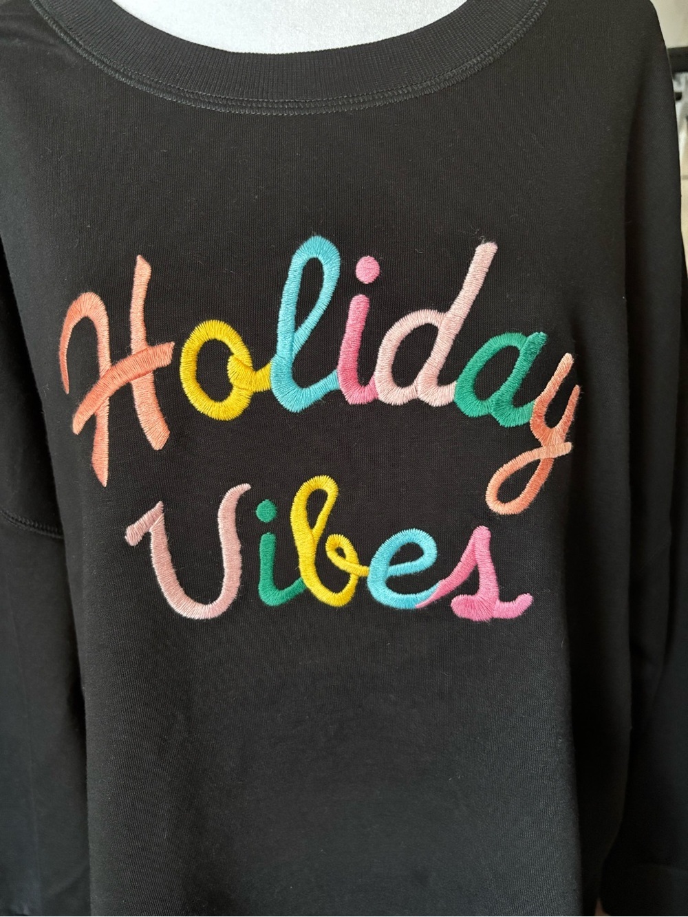 Old Navy Black Sweatshirt with Pastel 'Holiday Vibes' Script - Picture 3 of 5
